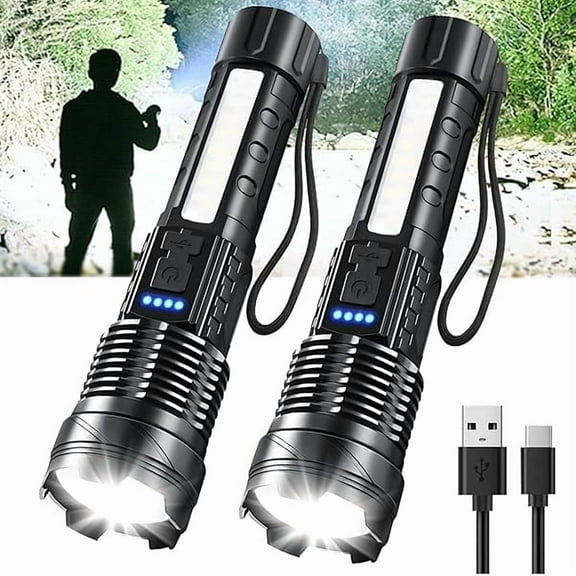 ZLCRechargeable LED Flashlights, 90,000 Lumens Super Bright Handheld Flashlight, 7 Modes with COB Work Light, IPX6 Waterproof, Adjustable Tactical Flash Light for Home,Camping and Emergencies-2 Pack