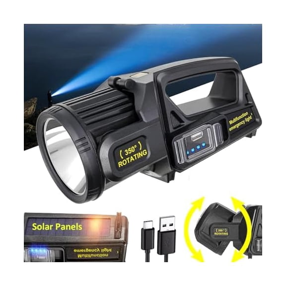 ZLCRechargeable Spotlight, 2,000,000L High Lumens 350 Rotatable Led Solar Spot Lights Outdoor Handheld Long Range Flashlight with 9 Modes, Solar Panels, USB C for Fishing Boating