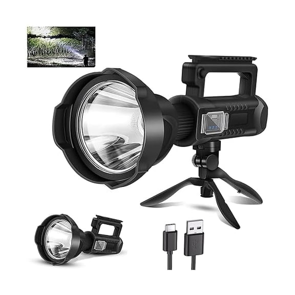 ZLCRechargeable Spotlight, 2,000,000L High Lumens Led Spot Lights Outdoor Handheld Super Bright Long Range Powerful Flashlight with 4 Modes, Tripod, USB C, IPX5 Waterproof for Fishing Boating Camping