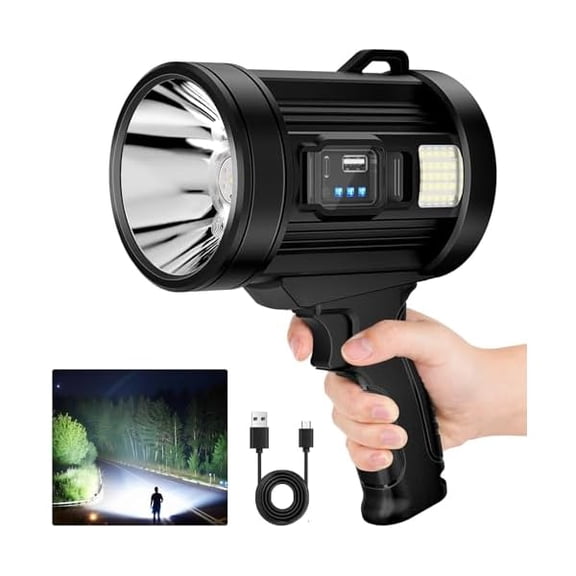 ZLCRechargeable Spotlight Outdoor, 99,000 Lumens Solar Spotlight Flashlight with Cob Light and Solar Panels, Lightweight Handheld Led Spot Light for Hunting Boating Emergencies