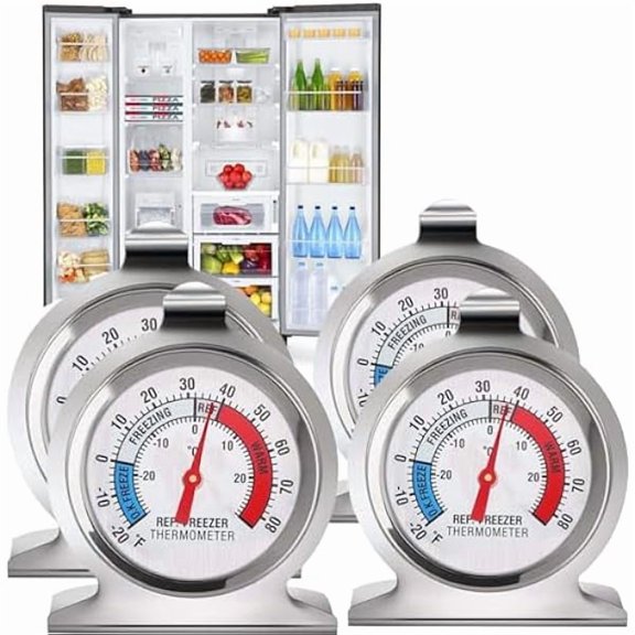 ZLCStainless Steel Fridge Thermometer 4 Pack - Large Dial Freezer Thermometers with Red Indicator for Home, Kitchen, Restaurants