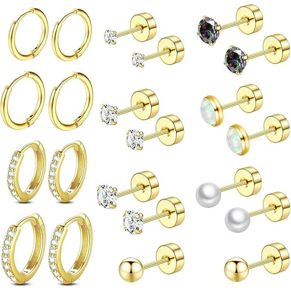 ZLCSurgical Steel Flat Back Earrings Set for Multiple Piercing Sensitive Ears,Sterling Silver Hypoallergenic Small Cartilage Huggie Hoop Earrings Titanium Tiny CZ Pearl Opal Stud Earrings for Women