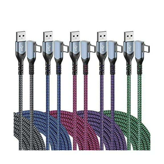 ZLCUSB C Cable 10ft, 5-Pack Type C Fast Charging Android Charger Cords USB-A to USB-C 90 Degree Right Angle L Shape Braided Cable for iPhone 16 15, Samsung GalaxyS25 S24 S23 A16 A15, Google Pixel 9
