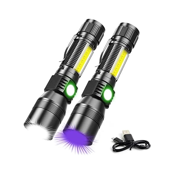 ZLCUV Flashlight Rechargeable, Black Light Flashlight with Magnet&Side Work Light 3in1 Tactical Flashlight Blacklight&Redlight, Zoomable, Waterproof LED Torch for Pet Urine Detector, Mechanics,2 Pack