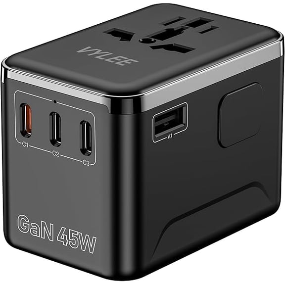 ZLCUniversal Travel Adapter, 45W International Plug Adapter with PD Fast Charging, 5-Port (1 AC/1 USB-A/3 USB-C), Wall Charger Worldwide Travel Essentials Plug for USA EU UK AUS Japan (Black)