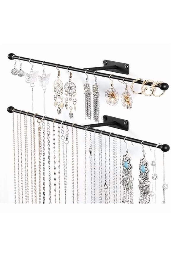 Wall Hanging Jewelry Organizer: 12.6'' Necklace Holder for Earring, Bracelet, Rings, Hairband, Glasses, Black 2-Pack, Screws Included