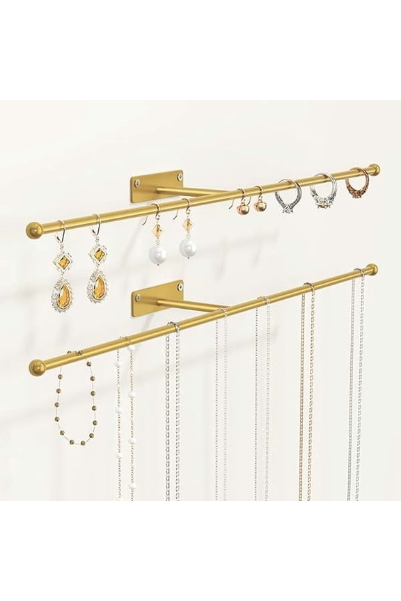 Wall Hanging Jewelry Organizer: 12.6'' Necklace Holder for Earring, Bracelet, Rings, Hairband, Glasses, Gold 2-Pack, Screws Included
