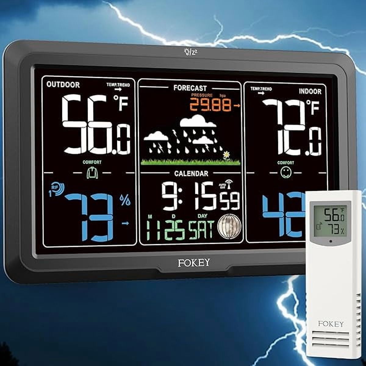 ZLCWeather Station Wireless Indoor Outdoor, Indoor Outdoor Thermometer Wireless Clock, Weather Stations Digital Home Gauge 7.6in Large Display Atomic Clock Temperature Humidity Phase, Black
