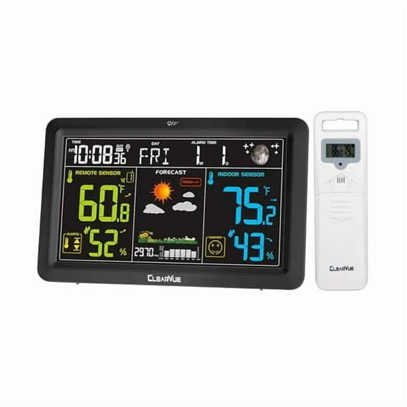 ZLCWeather Stations Wireless Indoor Outdoor Thermometer, Color Display Digital Calendar Atomic Clock, Temperature and Humidity Monitor with Adjustable Backlight (Black)