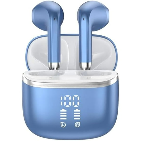 ZLCWireless Earbuds, Bluetooth 5.3 Headphones with 4 ENC Noise Cancelling Mic, HiFi Stereo Deep Bass, IP7 Waterproof Earphones, 40H Playtime, Earbuds Dual LED Display, USB-C, Blue