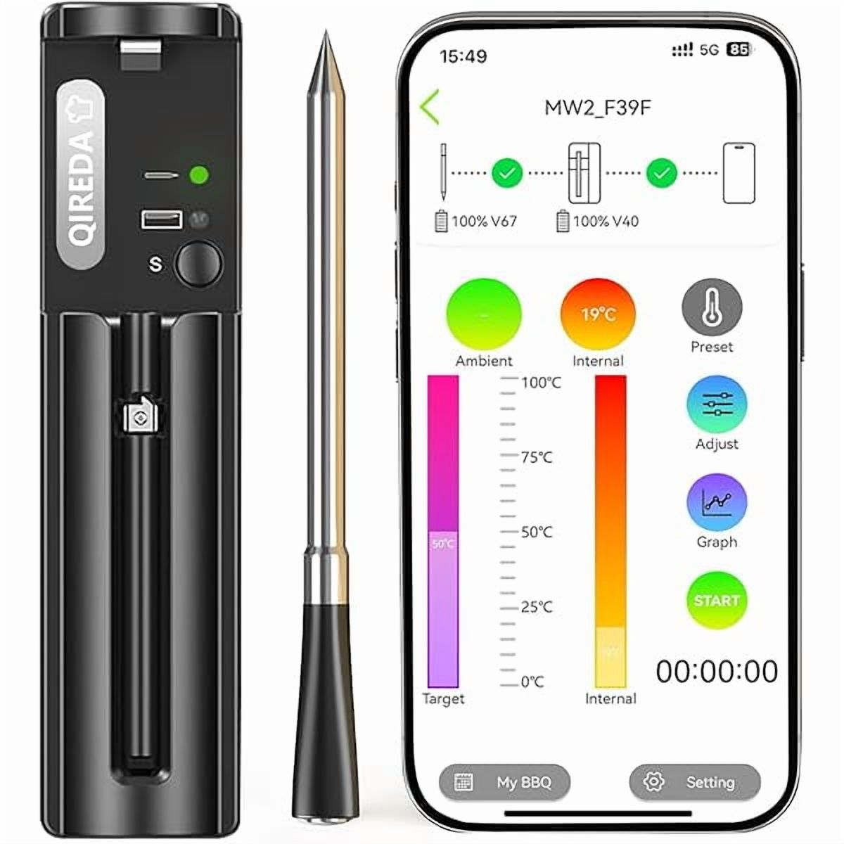 ZLCWireless Meat Thermometer with 800 ft Remote Range, Bluetooth 5.3 Digital Wireless Cooking Thermometer with 5.5mm Ultra-Thin Probe, Instant Read Food Thermometer with App for BBQ Oven Grill