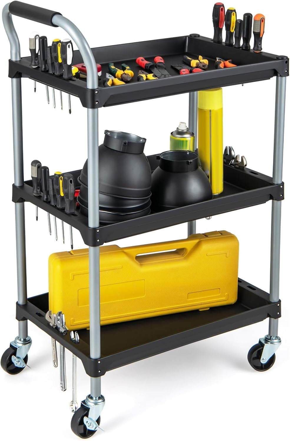 Utility Cart Slot Rails ZLERP 3 Tier Rolling Tool Cart, Rustproof Metal Utility Cart w/Handle ...