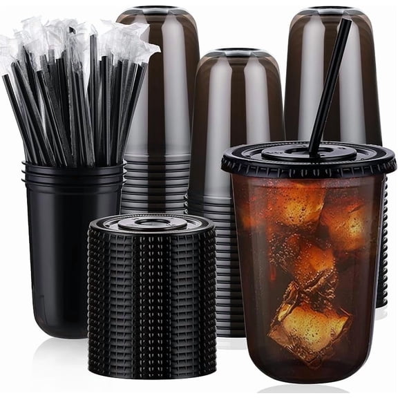 Cnshop 16oz Disposable Coffee Cups, 100-Pack Black Iced Cups with Lids & Straws