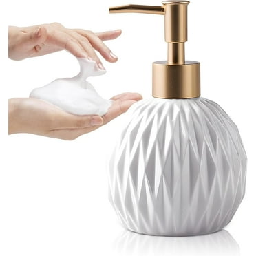 ZLF Ceramics Gold Soap Dispenser for Bathroom, Relief Soap Dispenser for Kitchen Sink, 400ml/13.5Oz Refillable Liquid Hand Soap Bottle with Gold Pump (White).
