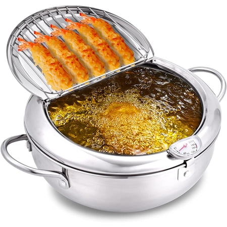 ZLF Deep Fryer Pot, 304 Stainless Steel Frying Pot with Oil Drain, Temperature Control and Lid, Tempura Deep Fryer Pot for Kitchen Stove/Induction Cooker French Fries Fryer 9.4"