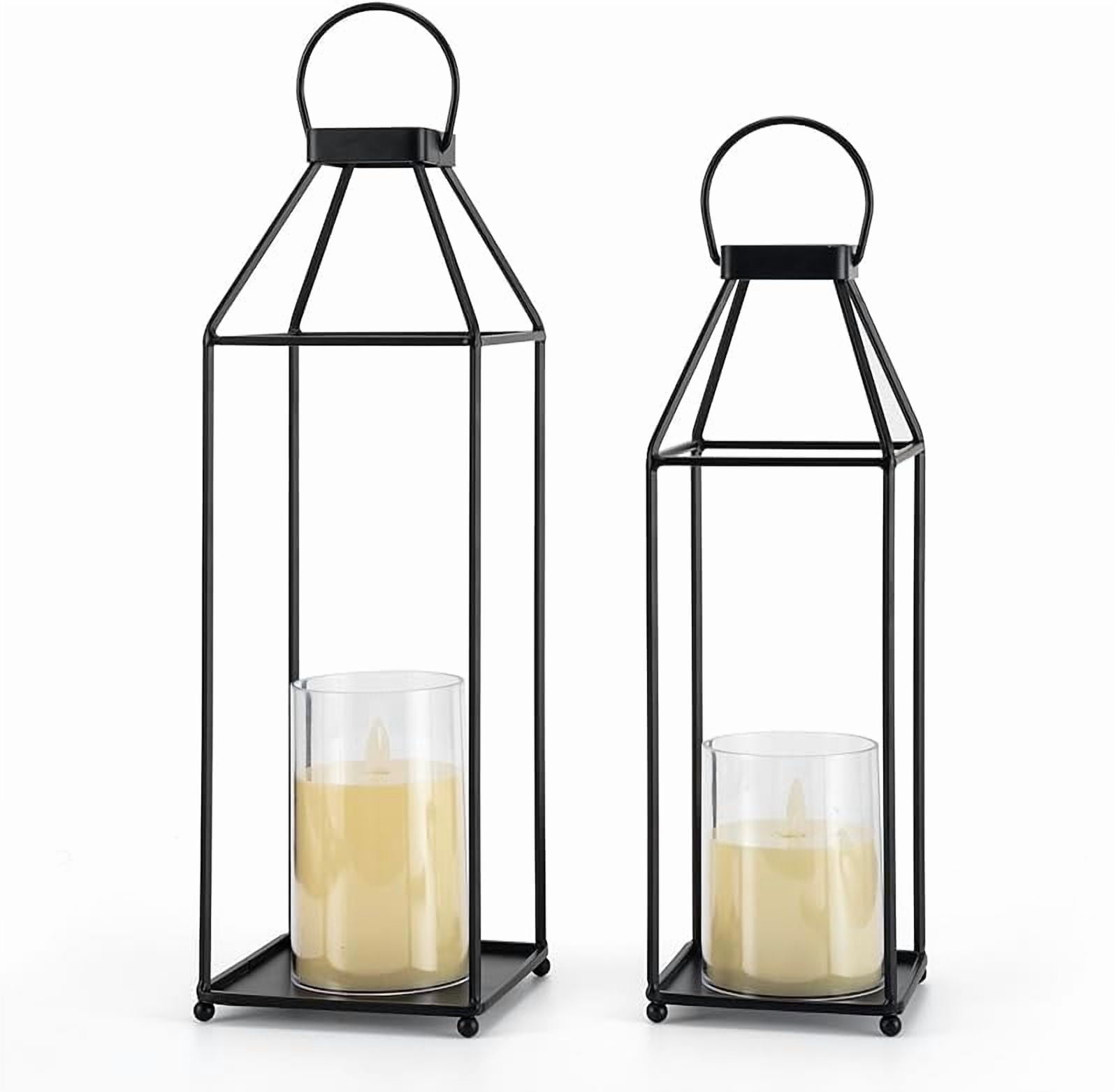 ZLF Lanterns Decorative Outdoor 2PCS Living Room Decor Lantern Black Metal Lantern Front Porch Decor Lanterns Decor Indoor with LED Candle Lanterns Decor No Glass for Indoor Outdoor (Small&Large)