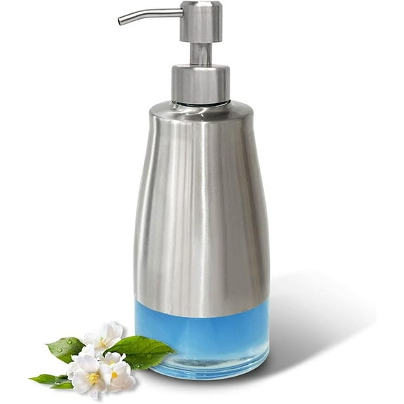 ZLF Soap Dispenser with Stickers, Brushed Nickel Stainless Steel and Glass Combined, Refillable Liquid Hand Soap Dispenser for Bathroom & Kitchen (11OZ / 320ML)