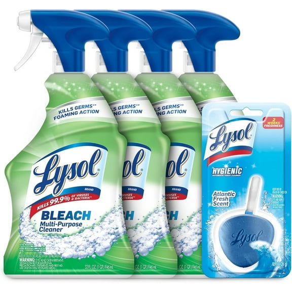 ZLGP All Purpose Cleaner with Bleach, 32 Fl Oz (Pack of 4) - With 1ct Auto In-The-Bowl Toilet Cleaner, Atlantic Fresh