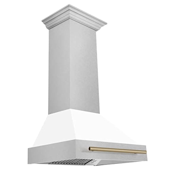 ZLINE 30 In. Autograph Edition Wall Mount Range Hood in DuraSnow Stainless Steel with White Matte Shell and Champagne Bronze Han
