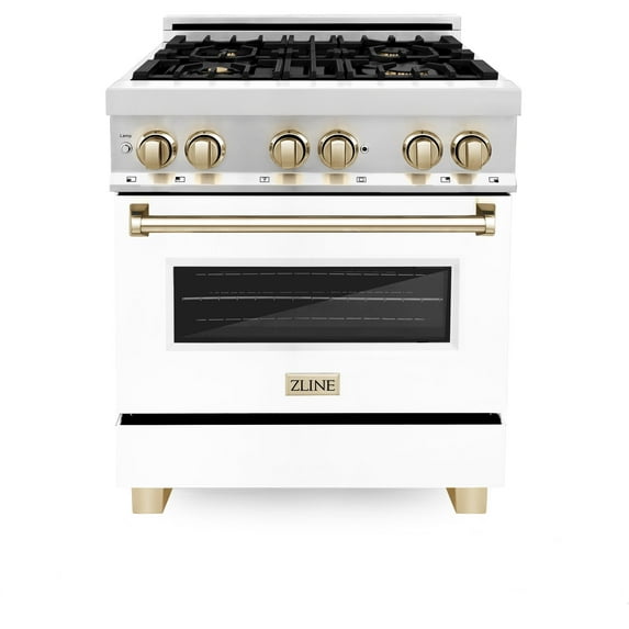ZLINE 30 in. Autograph Edition Dual Fuel Range in Stainless Steel with White Matte Door and Gold Accents (RAZ-WM-30-G)