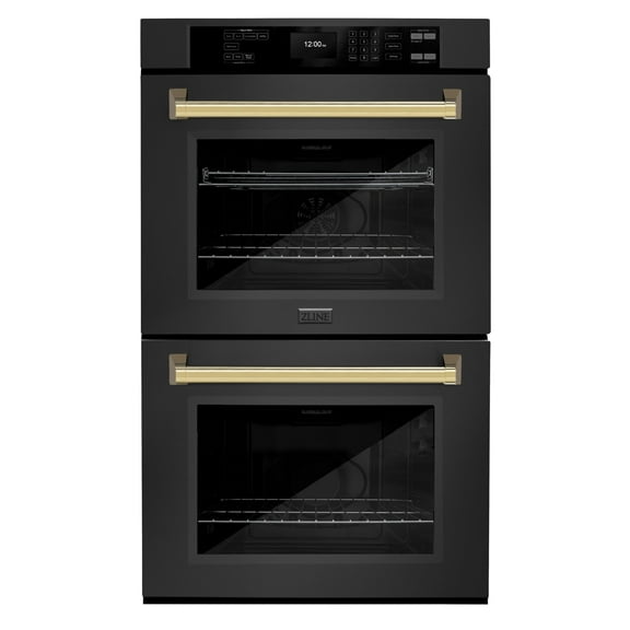 ZLINE 30 in. Autograph Edition Professional Convection Double Wall Oven with Air Fry and Self Clean in Black Stainless Steel with Polished Gold Handles (WADBZ-30-G)
