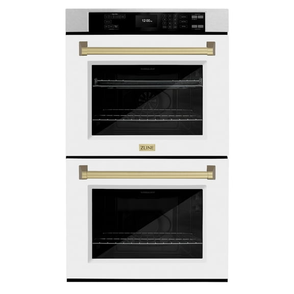 ZLINE 30 in. Autograph Edition Professional Convection Double Wall Oven with Air Fry and Self Clean in DuraSnow Stainless Steel with White Matte Doors and Champagne Bronze Handles (WADSZ-WM-30-CB)