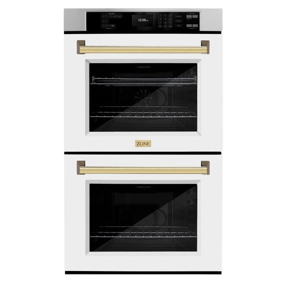 ZLINE 30 in. Autograph Edition Professional Convection Double Wall Oven with Air Fry and Self Clean in Stainless Steel with White Matte Doors and Polished Gold Handles (WADZ-WM-30-G)