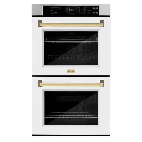 ZLINE 30 in. Autograph Edition Professional Convection Double Wall Oven with Air Fry and Self Clean in Stainless Steel with White Matte Doors and Polished Gold Handles (WADZ-WM-30-G)