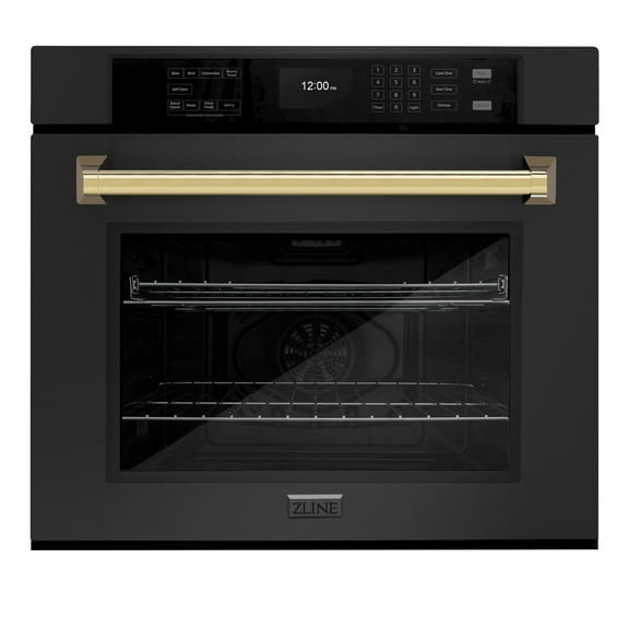 ZLINE 30 in. Autograph Edition Professional Convection Single Wall Oven with Air Fry and Self Clean in Black Stainless Steel with Polished Gold Handle (WASBZ-30-G)