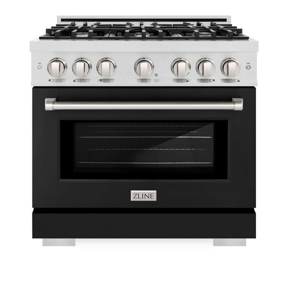 ZLINE 36 in. 5.2 cu. ft. Gas Range with 6 Burner Cooktop and Convection Gas Oven in DuraSnow Stainless Steel with Black Matte Door (HGRS-BLM-36)