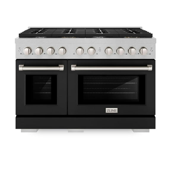 ZLINE 48 in. 6.7 cu. ft. Paramount Double Oven Gas Range with 8 Burner Cooktop in DuraSnow Stainless Steel with Black Matte Doors (SGRS-BLM-48)
