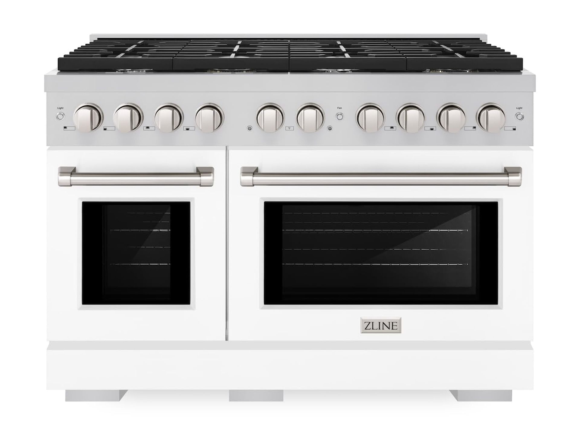 ZLINE 48 in. 6.7 cu. ft. Paramount Double Oven Gas Range with 8 Burner Cooktop in Stainless Steel with White Matte Doors (SGR-WM-48)