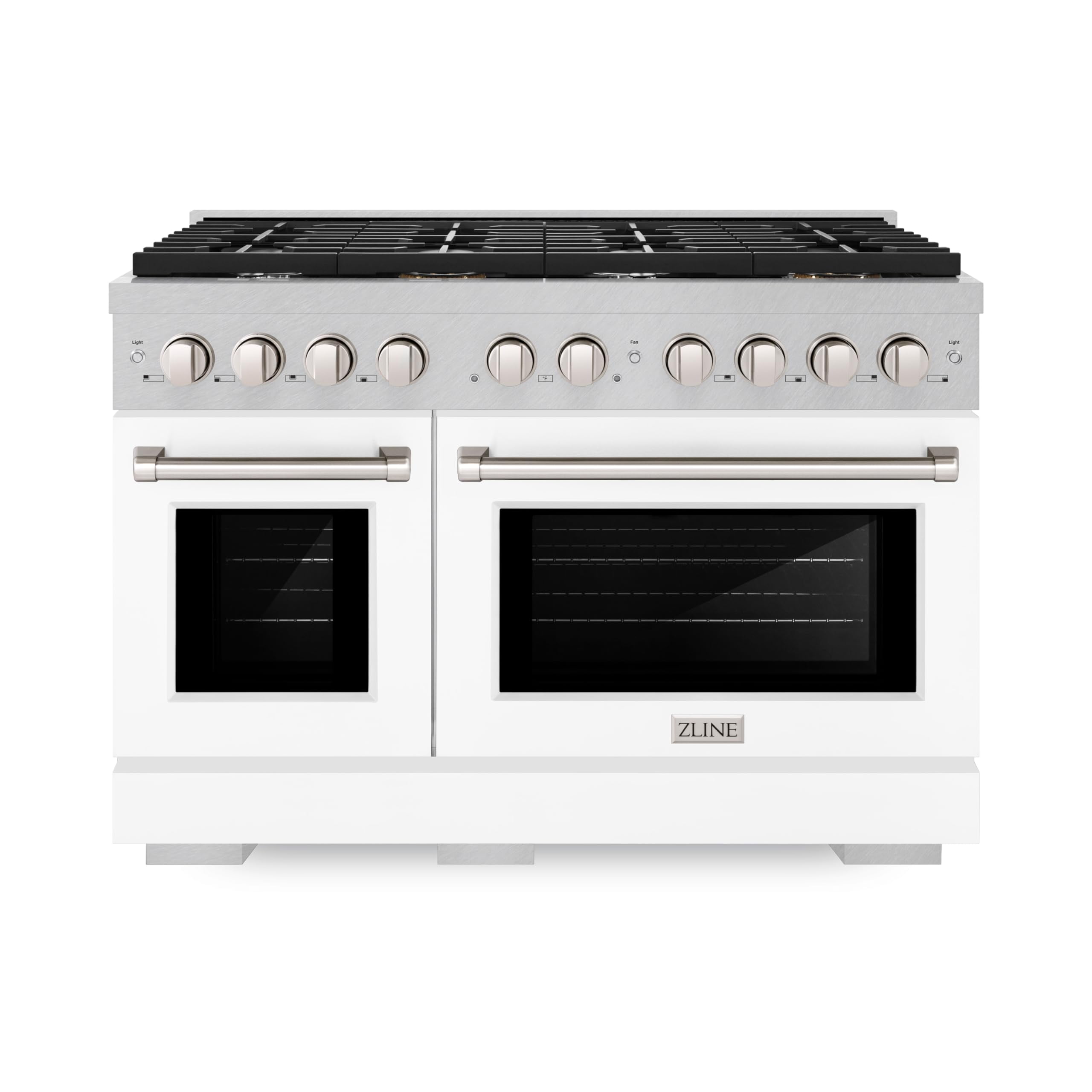 ZLINE 48 in. 6.7 cu. ft. Paramount Double Oven Dual Fuel Range with 8 Burner Gas Cooktop in DuraSnow Stainless Steel with White Matte Doors (SDRS-WM-48)