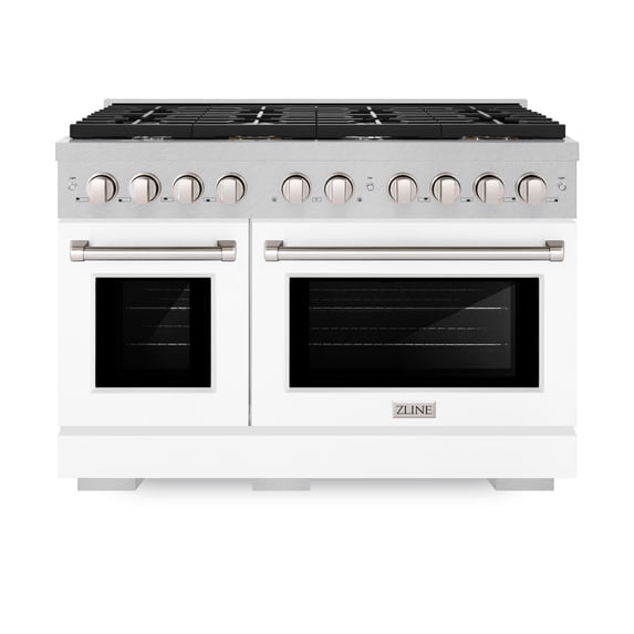 ZLINE 48 in. 6.7 cu. ft. Paramount Double Oven Gas Range with 8 Burner Cooktop in DuraSnow Stainless Steel with White Matte Doors (SGRS-WM-48)