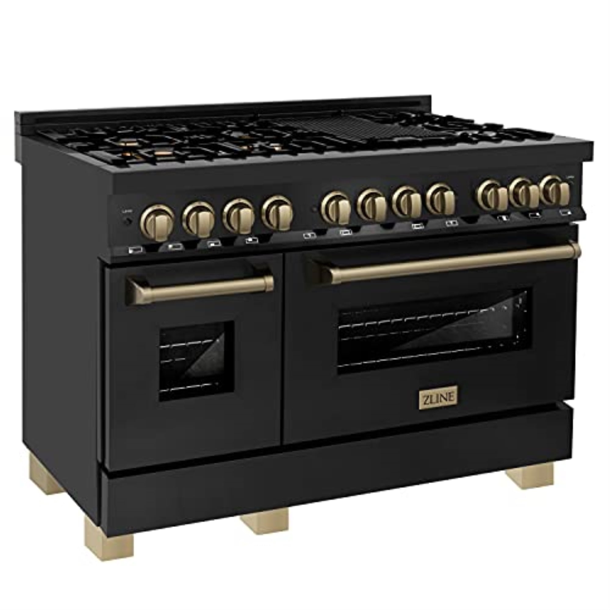 ZLINE 48" Black Stainless Steel Dual Fuel Range with Champagne Bronze Accents