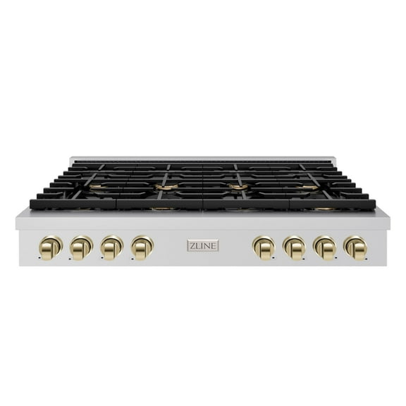ZLINE Autograph 48" Paramount Gas Rangetop with 8 Burners, Cast Iron Griddle and Porcelain Cooktop in Stainless Steel with Polished Gold Accents, SRTZ-48-G