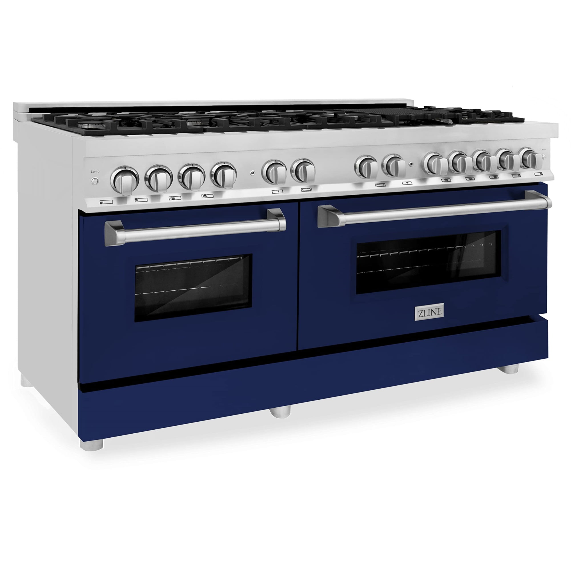 ZLINE 60" 7.4 cu. ft. Dual Fuel Range with Gas Stove and Electric Oven in Fingerprint Resistant Stainless Steel and Blue Gloss Doors (RAS-BG-60)