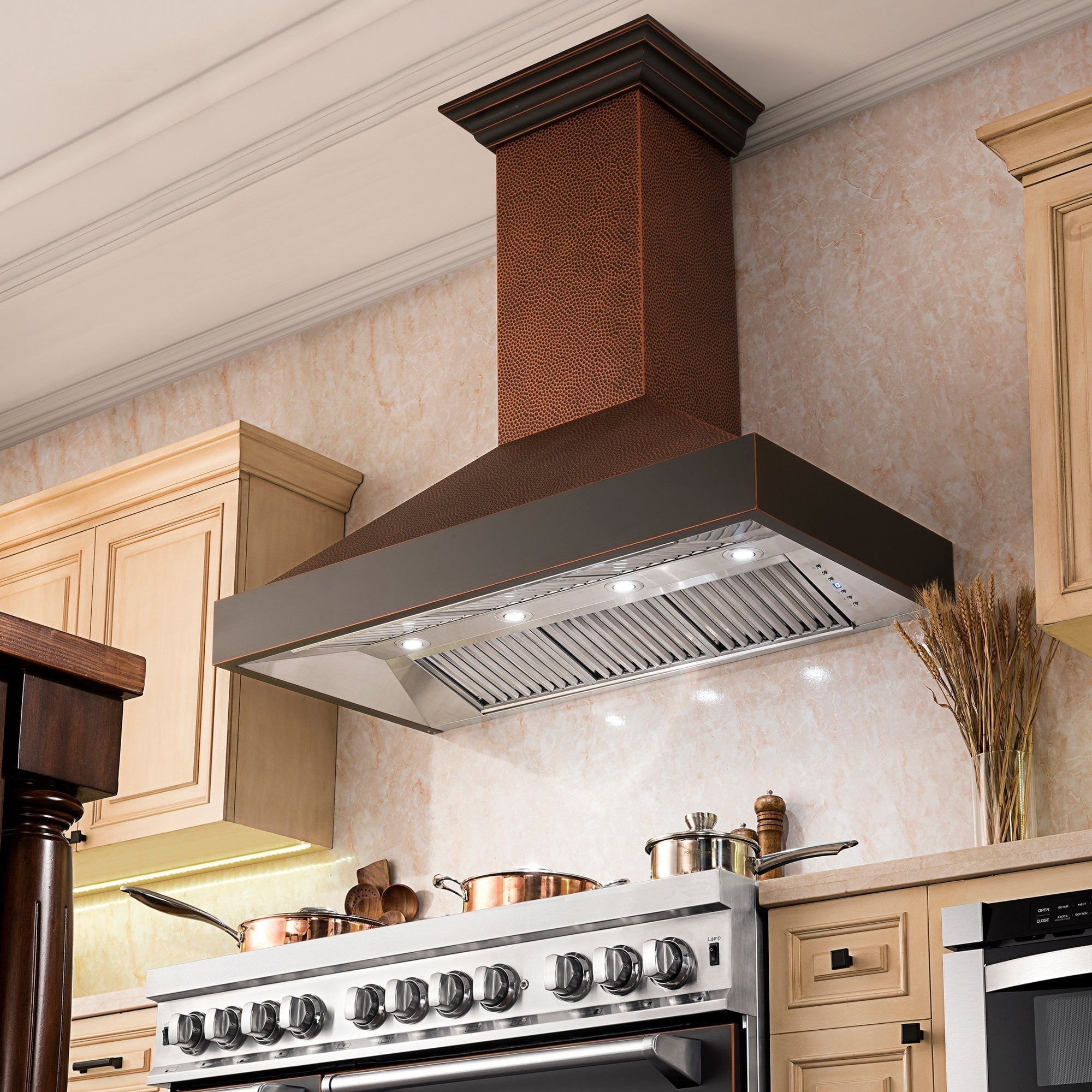 36" Hand-Hammered Copper Wall Mount Range Hood with Charcoal Filter