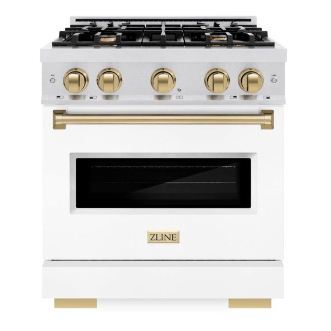 ZLINE Autograph 30" 4.2 cu. ft. Classic Dual Fuel Range with 4 Burners in DuraSnowÂ® Stainless Steel with White Matte Door and Champagne Bronze Accents, CDRSZ-WM-30-CB