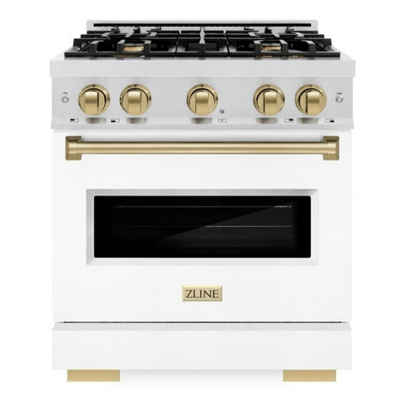 ZLINE Autograph 30" 4.2 cu. ft. Classic Dual Fuel Range with 4 Burners in DuraSnow Stainless Steel with White Matte Door and Champagne Bronze Accents, CDRSZ-WM-30-CB