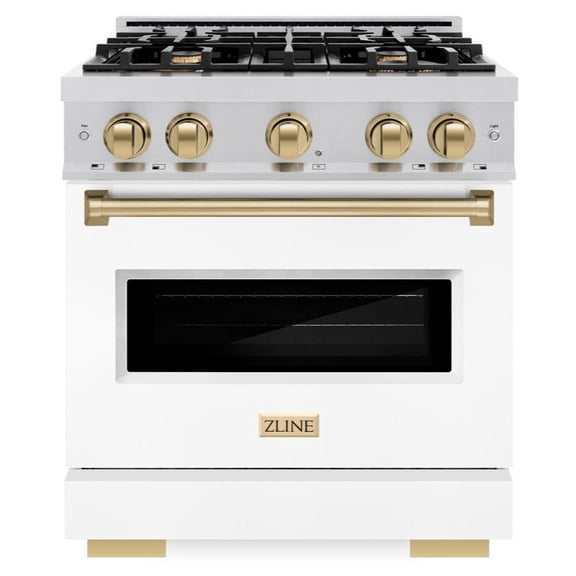ZLINE Autograph 30" 4.2 cu. ft. Classic Dual Fuel Range with 4 Burners in Stainless Steel with White Matte Door and Champagne Bronze Accents, CDRZ-WM-30-CB
