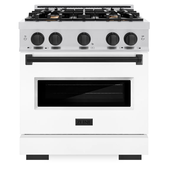ZLINE Autograph 30" 4.2 cu. ft. Classic Dual Fuel Range with 4 Burners in Stainless Steel with White Matte Door and Matte Black Accents, CDRZ-WM-30-MB