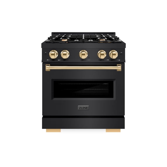 ZLINE Autograph Edition 30 in. 4.2 cu. ft. Classic Gas Range with 4 Burner Cooktop and Convection Gas Oven in Black Stainless Steel and Polished Gold Accents (CGRBZ-30-G)