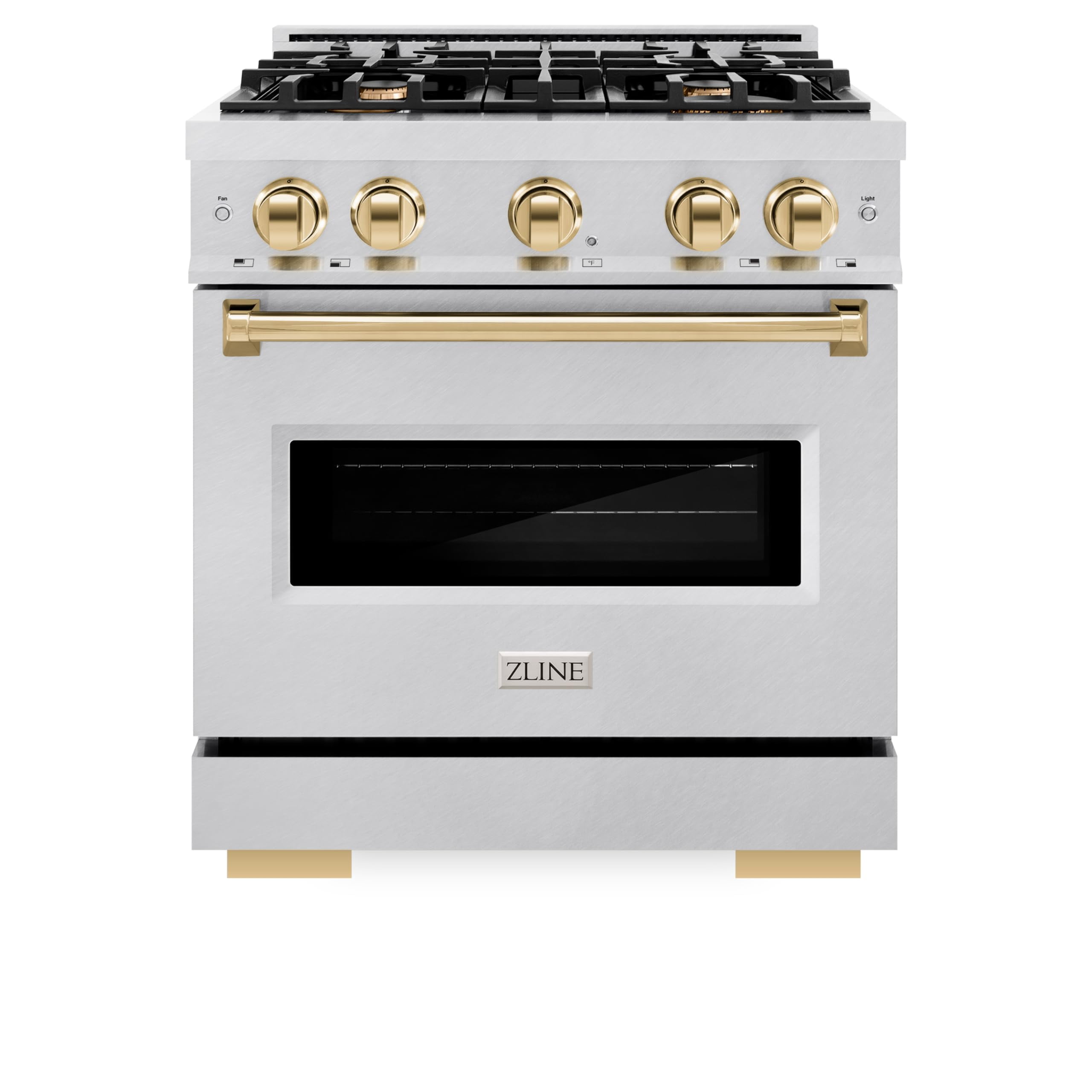 ZLINE Autograph Edition 30 in. 4.2 cu. ft. Classic Dual Fuel Range with 4 Burner Gas Cooktop and Electric Convection Oven in DuraSnow Stainless Steel with Polished Gold Accents (CDRSZ-30-G)