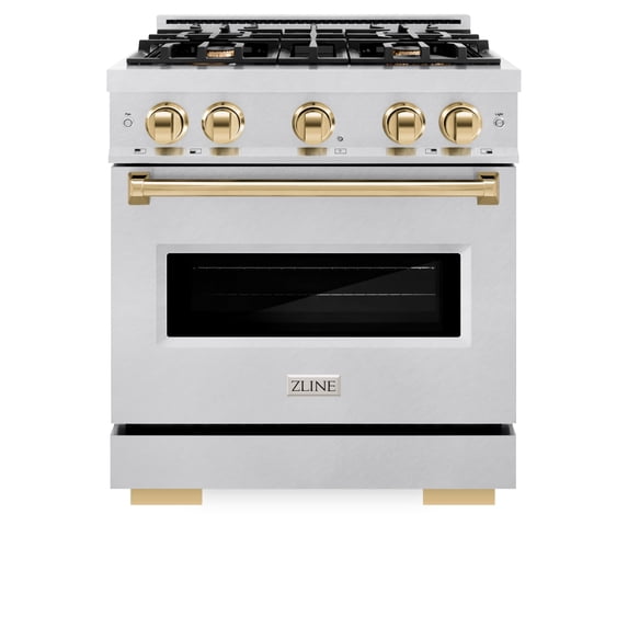 ZLINE Autograph Edition 30 in. 4.2 cu. ft. Classic Dual Fuel Range with 4 Burner Gas Cooktop and Electric Convection Oven in DuraSnow Stainless Steel with Polished Gold Accents (CDRSZ-30-G)