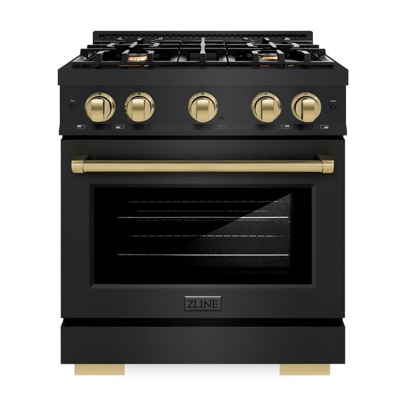 ZLINE Autograph 30" 4.2 cu. ft. Select Dual Fuel Range with 4 Burners in Black Stainless Steel with Champagne Bronze Accents, HDRBZ-30-CB