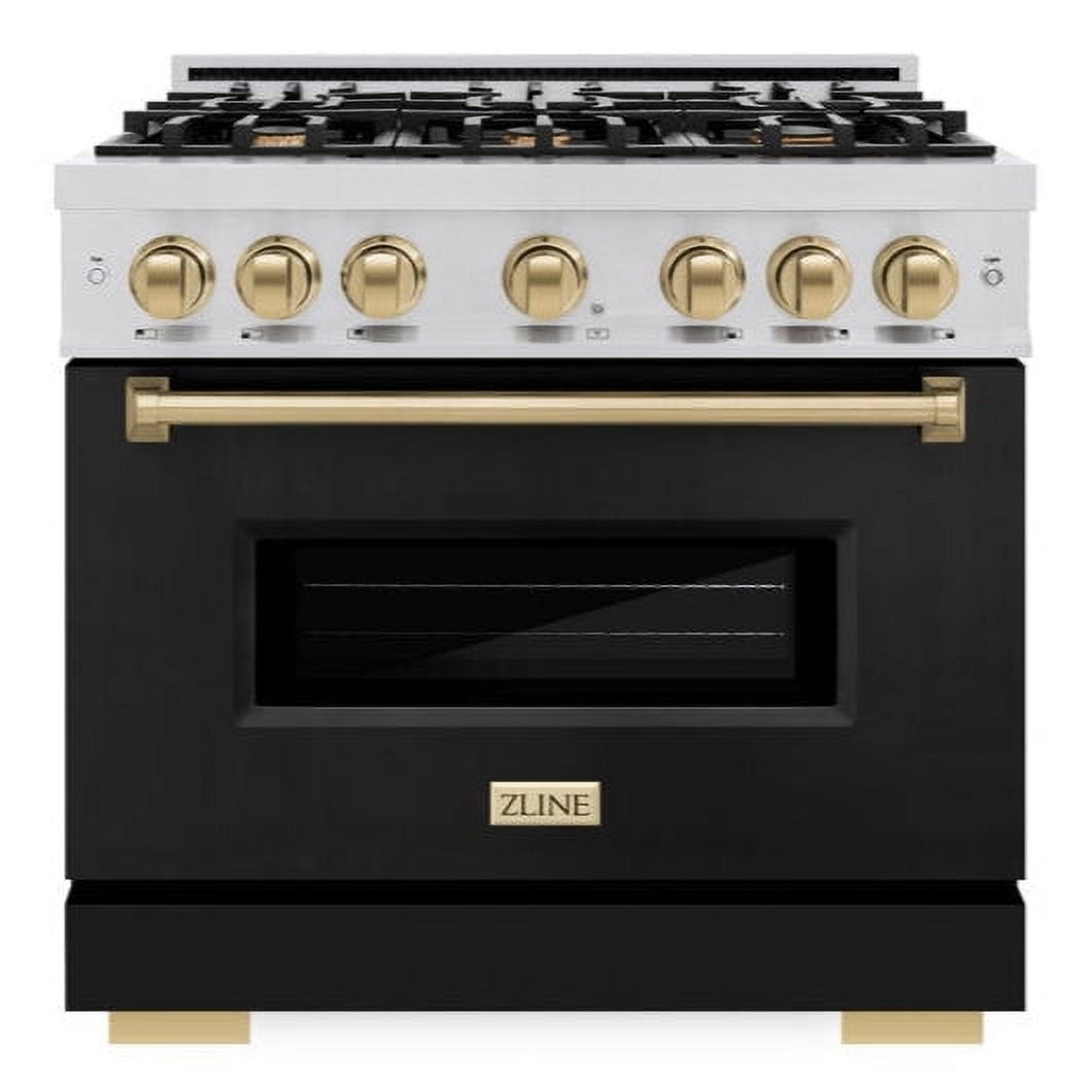 ZLINE Autograph 36" 5.2 cu. ft. Classic Dual Fuel Range with 6 Burners in Stainless Steel with Black Matte Door and Champagne Bronze Accents, CDRZ-BLM-36-CB