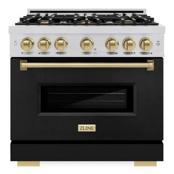 ZLINE Autograph 36" 5.2 cu. ft. Classic Dual Fuel Range with 6 Burners in Stainless Steel with Black Matte Door and Champagne Bronze Accents, CDRZ-BLM-36-CB