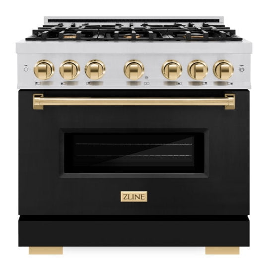 ZLINE Autograph 36" 5.2 cu. ft. Classic Dual Fuel Range with 6 Burners in Stainless Steel with Black Matte Door and Polished Gold Accents, CDRZ-BLM-36-G