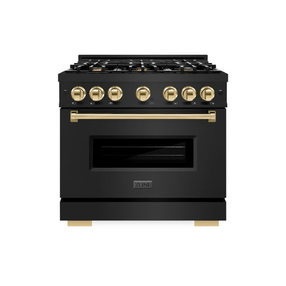 ZLINE Autograph Edition 36 in. 5.2 cu. ft. Classic Dual Fuel Range with 6 Burner Gas Cooktop and Electric Convection Oven in Black Stainless Steel with Polished Gold Accents (CDRBZ-36-G)